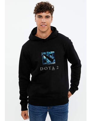Qivi Dota 1 Baskılı Siyah Erkek Örme Kapşonlu Sweatshirt Uzun Kol