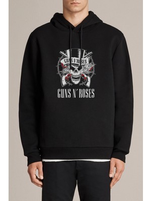 Qivi Guns N Roses Baskılı Siyah Erkek Örme Kapşonlu Sweatshirt Uzun Kol
