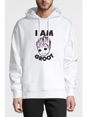 Qivi I Am Groot Baskılı Beyaz Erkek Örme Kapşonlu Sweatshirt Uzun Kol