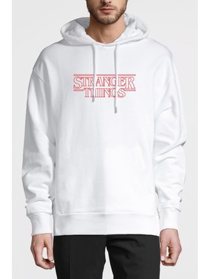 Qivi Stranger Things Kırmızı Logo Baskılı Beyaz Erkek Örme Kapşonlu Sweatshirt Uzun Kol
