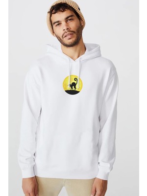 Qivi Black Cat In The Moon Baskılı Beyaz Erkek Örme Kapşonlu Sweatshirt Uzun Kol
