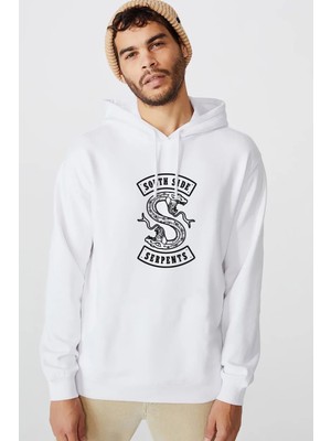 Qivi Riverdale South Side Snake Baskılı Beyaz Erkek Örme Kapşonlu Sweatshirt Uzun Kol