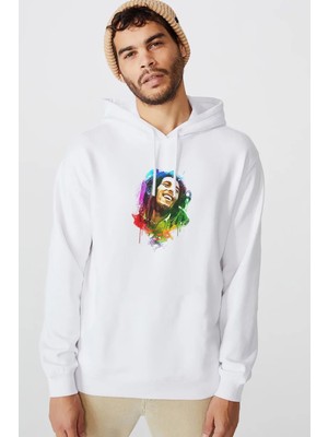 Qivi Bob Marley Aquarelle Baskılı Beyaz Erkek Örme Kapşonlu Sweatshirt Uzun Kol