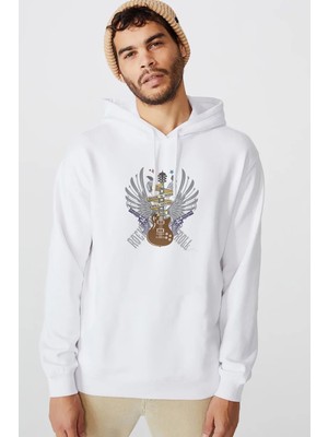 Qivi Rock'n Roll Gitar Kanat Baskılı Beyaz Erkek Örme Kapşonlu Sweatshirt Uzun Kol
