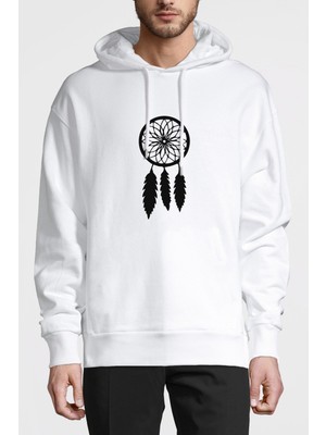Qivi Silhouette Dreamcatcher Baskılı Beyaz Erkek Örme Kapşonlu Sweatshirt Uzun Kol