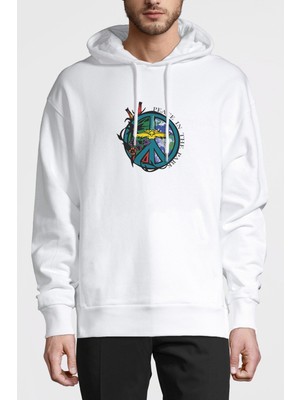 Qivi Mother Earth Peace In The Park Baskılı Beyaz Erkek Örme Kapşonlu Sweatshirt Uzun Kol