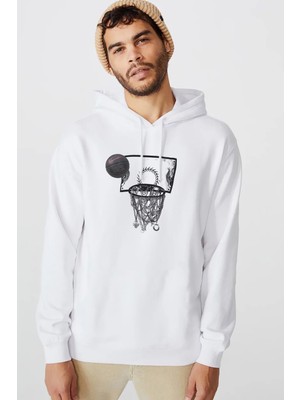 Qivi Basketbol Top Pota Baskılı Beyaz Erkek Örme Kapşonlu Sweatshirt Uzun Kol