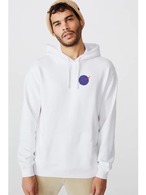 Qivi Uzay Logo Baskılı Beyaz Erkek Örme Kapşonlu Sweatshirt Uzun Kol