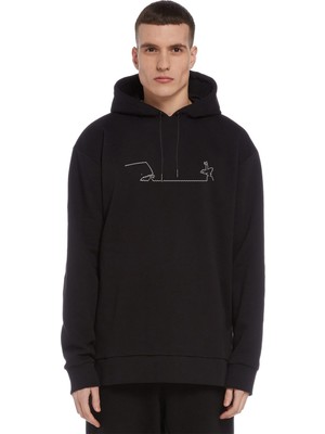 Qivi La Linea Trt Cizgi Adam Swimming Baskılı Siyah Erkek Örme Kapşonlu Sweatshirt Uzun Kol