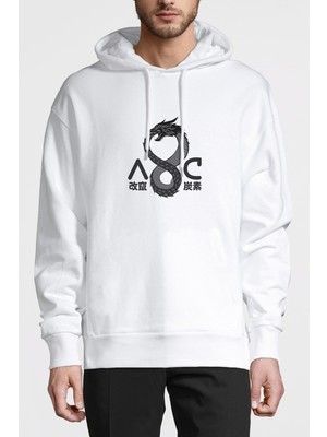 Qivi Altered Carbon Ac Ejderha Baskılı Beyaz Erkek Örme Kapşonlu Sweatshirt Uzun Kol
