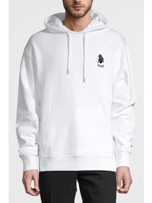 Qivi Başak Burcu Baskılı Beyaz Erkek Örme Kapşonlu Sweatshirt Uzun Kol