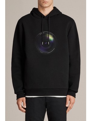 Qivi Fotoğraf Makinesı Lens Camera Baskılı Siyah Erkek Örme Kapşonlu Sweatshirt Uzun Kol