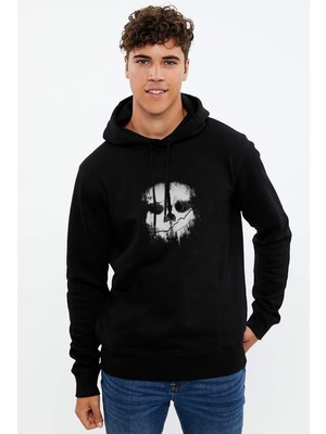 Qivi Call Of Duty Ghosts Mask Baskılı Siyah Erkek Örme Kapşonlu Sweatshirt Uzun Kol