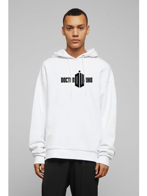 Qivi Doctor Who Logo Baskılı Beyaz Erkek Örme Kapşonlu Sweatshirt Uzun Kol