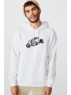 Qivi Retro Baskılı Beyaz Erkek Örme Kapşonlu Sweatshirt Uzun Kol