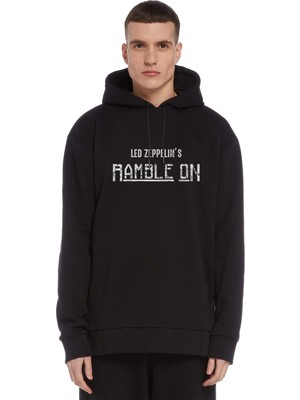 Qivi LED Zeppelin Rample On Baskılı Siyah Erkek Örme Kapşonlu Sweatshirt Uzun Kol