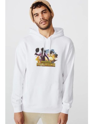 Qivi Pubg Baskılı Beyaz Erkek Örme Kapşonlu Sweatshirt Uzun Kol