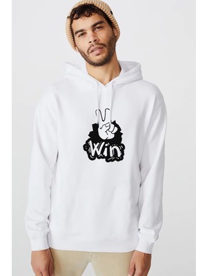 Qivi Peace Win Baskılı Beyaz Erkek Örme Kapşonlu Sweatshirt Uzun Kol