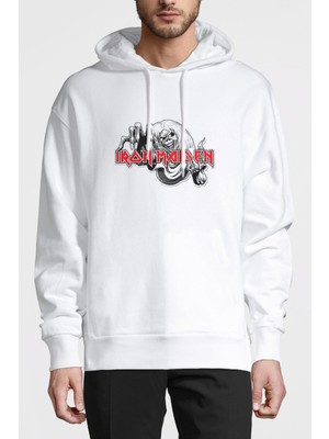 Qivi Iron Maıden Number Of The Beast Baskılı Beyaz Erkek Örme Kapşonlu Sweatshirt Uzun Kol