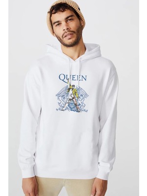 Qivi Queen Baskılı Beyaz Erkek Örme Kapşonlu Sweatshirt Uzun Kol