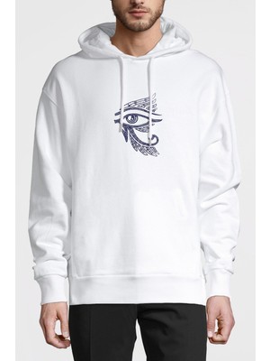 Qivi Ra'nın Gözü Eye Baskılı Beyaz Erkek Örme Kapşonlu Sweatshirt Uzun Kol