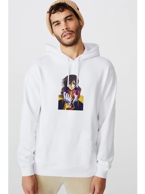 Qivi Anime One Baskılı Beyaz Erkek Örme Kapşonlu Sweatshirt Uzun Kol