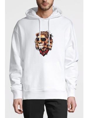 Qivi Old Skull Leon Aslan Baskılı Beyaz Erkek Örme Kapşonlu Sweatshirt Uzun Kol
