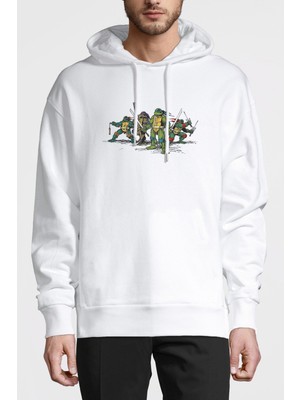 Qivi Retro Ninja Turtles Metal Rock Music Baskılı Beyaz Erkek Örme Kapşonlu Sweatshirt Uzun Kol