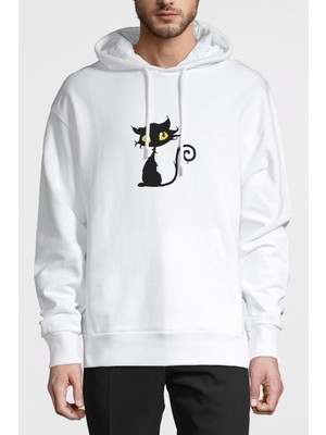 Qivi Kara Kedi Yavru Cadılar Bayramı Baskılı Beyaz Erkek Örme Kapşonlu Sweatshirt Uzun Kol