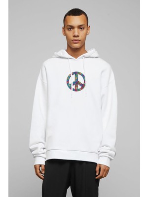 Qivi Peace Hippie Peace Symbols Baskılı Beyaz Erkek Örme Kapşonlu Sweatshirt Uzun Kol