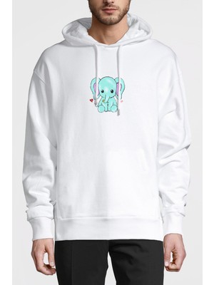 Qivi Kawaii Baby Elephants Baskılı Beyaz Erkek Örme Kapşonlu Sweatshirt Uzun Kol