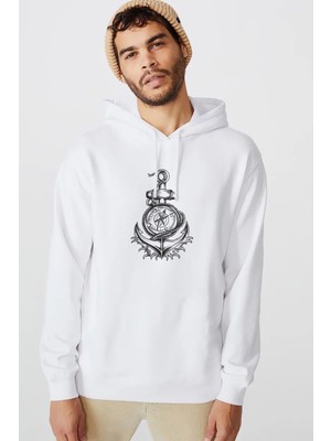 Qivi Gri Pusula Illüstrasyon Pusula Çapa Geminin Baskılı Beyaz Erkek Örme Kapşonlu Sweatshirt Uzun Kol