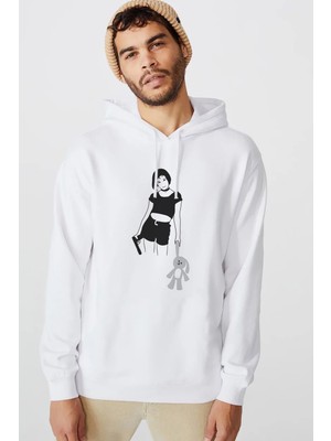 Qivi Mathilda Sevginin Gücü Leon The Professional Baskılı Beyaz Erkek Örme Kapşonlu Sweatshirt Uzun Kol