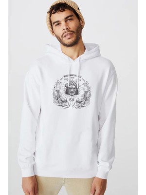 Qivi Smaurai Typographi Fish Baskılı Beyaz Erkek Örme Kapşonlu Sweatshirt Uzun Kol