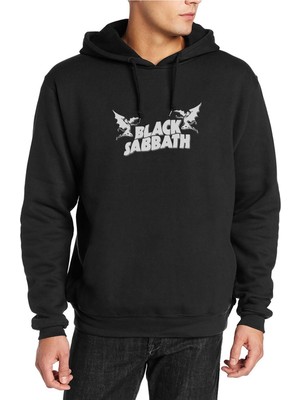Qivi Black Sabbath Logo Baskılı Siyah Erkek Örme Kapşonlu Sweatshirt Uzun Kol