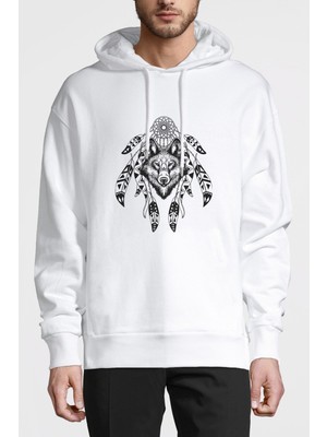 Qivi Dreamcatcher Wolf Logo Baskılı Beyaz Erkek Örme Kapşonlu Sweatshirt Uzun Kol