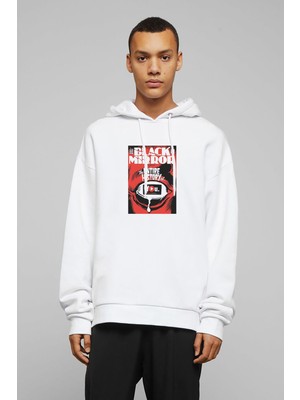 Qivi Black Mirror Red Baskılı Beyaz Erkek Örme Kapşonlu Sweatshirt Uzun Kol