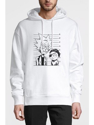Qivi Rick ve Morty Kroki Tişört Rick Baskılı Beyaz Erkek Örme Kapşonlu Sweatshirt Uzun Kol