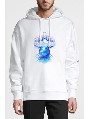 Qivi Bowling Topu Baskılı Beyaz Erkek Örme Kapşonlu Sweatshirt Uzun Kol