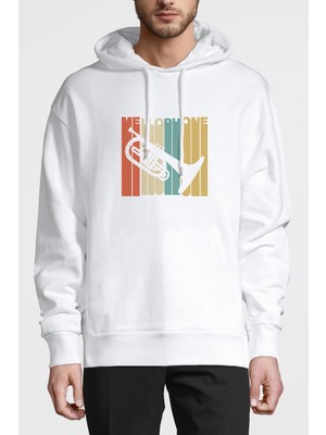 Qivi Silhouette Mellophone Vintage Style Baskılı Beyaz Erkek Örme Kapşonlu Sweatshirt Uzun Kol