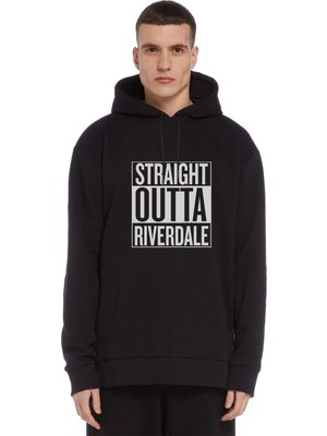 Qivi Riverdale Straight Outta Riverdale Baskılı Siyah Erkek Örme Kapşonlu Sweatshirt Uzun Kol