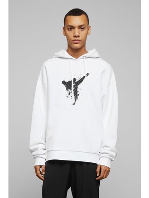 Qivi Silhouette Taekwondo Baskılı Beyaz Erkek Örme Kapşonlu Sweatshirt Uzun Kol