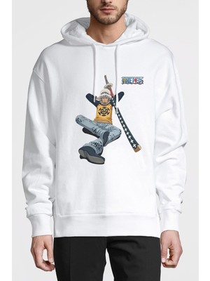 Qivi Anime One Piece Trafalgar Law Baskılı Beyaz Erkek Örme Kapşonlu Sweatshirt Uzun Kol