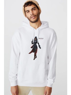 Qivi Assassins Creed Unity Elise Baskılı Beyaz Erkek Örme Kapşonlu Sweatshirt Uzun Kol