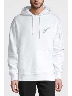 Qivi Gitar Göğüs Müzik Rock Baskılı Beyaz Erkek Örme Kapşonlu Sweatshirt Uzun Kol