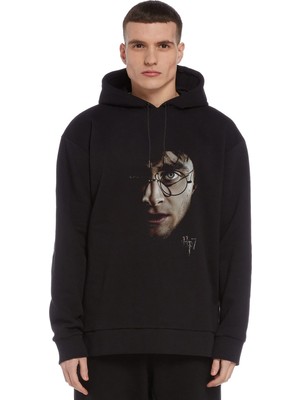 Qivi Hp7 Baskılı Siyah Erkek Örme Kapşonlu Sweatshirt Uzun Kol