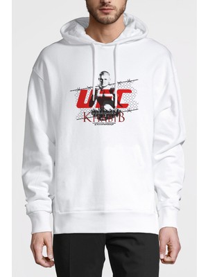 Qivi Khabib Nurmagomedov Baskılı Beyaz Erkek Örme Kapşonlu Sweatshirt Uzun Kol