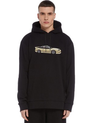 Qivi Nissan 240SX S13 Baskılı Siyah Erkek Örme Kapşonlu Sweatshirt Uzun Kol