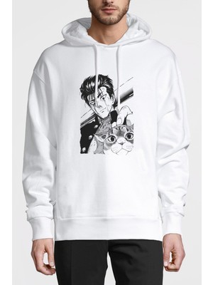 Qivi Anime Baskılı Beyaz Erkek Örme Kapşonlu Sweatshirt Uzun Kol
