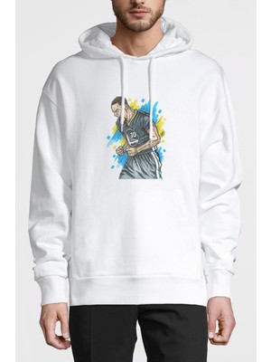 Qivi Basketci Spor Basketbol Baskılı Beyaz Erkek Örme Kapşonlu Sweatshirt Uzun Kol